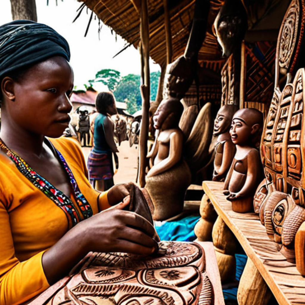 **

"A vibrant Congolese marketplace scene. Focus on a skilled artisan meticulously carving intricate designs into a wooden sculpture. The wood is rich and dark, and the carvings depict animals and ancestral figures. The background is filled with colorful textiles and other crafts, creating a sense of bustling energy and cultural richness. Capture the artistry and cultural significance of wood carving in Congo. Warm lighting, ethnographic photography style."

**