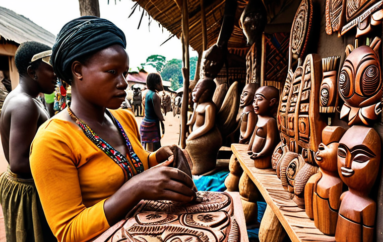 **

"A vibrant Congolese marketplace scene. Focus on a skilled artisan meticulously carving intricate designs into a wooden sculpture. The wood is rich and dark, and the carvings depict animals and ancestral figures. The background is filled with colorful textiles and other crafts, creating a sense of bustling energy and cultural richness. Capture the artistry and cultural significance of wood carving in Congo. Warm lighting, ethnographic photography style."

**