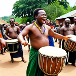 A vibrant, high-energy scene of Congolese communal dance. Focus on a diverse group of people of all ages dancing spontaneously with joyful expressions. Prominently feature dynamic drummers playing powerful Djembe and Tom-Tom drums, creating a complex, pulsating rhythm. The atmosphere should be celebratory, colorful, and reflect the rich cultural heritage of Congolese music.