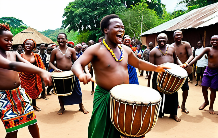 A vibrant, high-energy scene of Congolese communal dance. Focus on a diverse group of people of all ages dancing spontaneously with joyful expressions. Prominently feature dynamic drummers playing powerful Djembe and Tom-Tom drums, creating a complex, pulsating rhythm. The atmosphere should be celebratory, colorful, and reflect the rich cultural heritage of Congolese music.