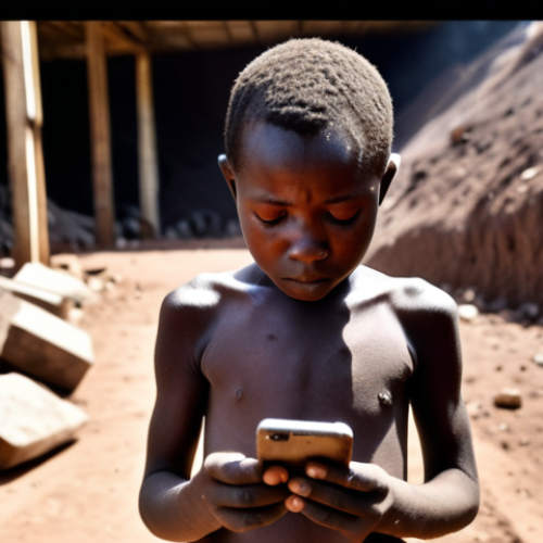 Home 28 A poignant, high-contrast image depicting a child miner in a dark, dusty coltan mine in the Democratic Republic of Congo, their small hands holding raw mineral ore. In the background, subtly blurred but distinctly visible, is the glow of a modern smartphone screen. The scene evokes the harsh reality of resource exploitation, conflict minerals, and the unseen human cost behind global technology, with a mood of quiet suffering and a stark socio-economic contrast.