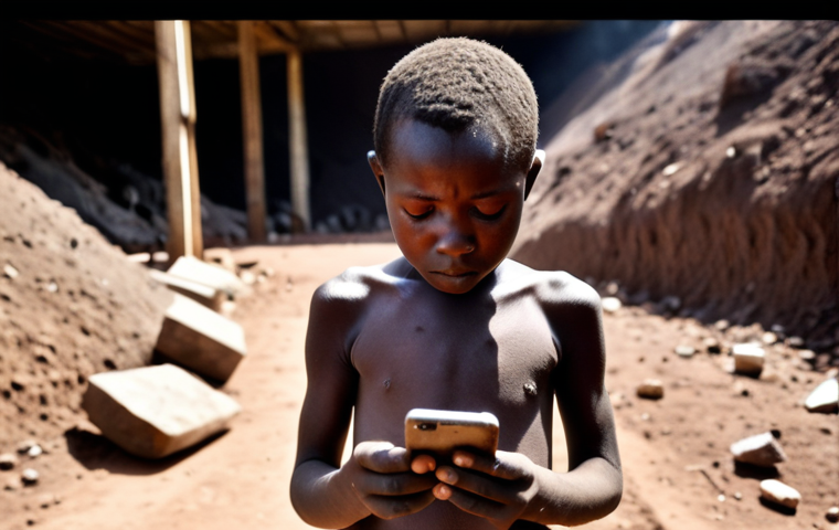A poignant, high-contrast image depicting a child miner in a dark, dusty coltan mine in the Democratic Republic of Congo, their small hands holding raw mineral ore. In the background, subtly blurred but distinctly visible, is the glow of a modern smartphone screen. The scene evokes the harsh reality of resource exploitation, conflict minerals, and the unseen human cost behind global technology, with a mood of quiet suffering and a stark socio-economic contrast.