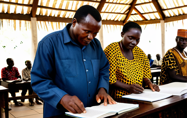 A diverse group of individuals, including elders and young people, fully clothed in modest traditional African attire, are respectfully gathered within a cultural heritage center in the Democratic Republic of Congo. They are deeply engaged in preserving ancient manuscripts and sharing traditional stories, surrounded by authentic cultural artifacts. The setting is warm and inviting, highlighting the rich history and community spirit. safe for work, appropriate content, fully clothed, professional, perfect anatomy, correct proportions, natural pose, well-formed hands, proper finger count, natural body proportions, professional photography, high quality.