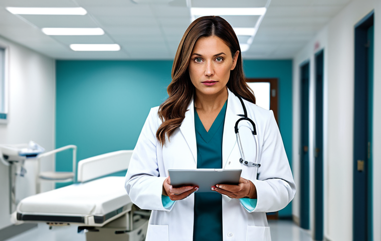 **
"A professional female doctor in a clean, modern hospital setting. She is wearing a fully clothed, modest white coat and holding a tablet, looking at it with a focused expression. Safe for work, appropriate content, perfect anatomy, professional lighting, family-friendly."
**