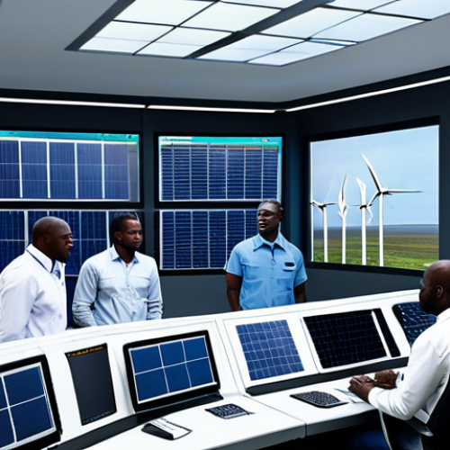 Home 25 **
"A group of Congolese engineers in a modern power plant control room, fully clothed in professional attire, monitoring renewable energy sources. The background shows solar panels and wind turbines. Safe for work, appropriate content, perfect anatomy, correct proportions, professional environment, family-friendly."
**