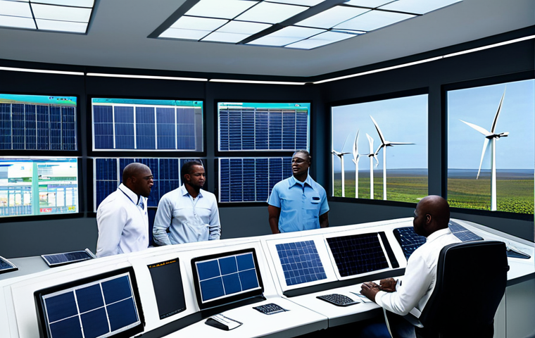 **
"A group of Congolese engineers in a modern power plant control room, fully clothed in professional attire, monitoring renewable energy sources. The background shows solar panels and wind turbines. Safe for work, appropriate content, perfect anatomy, correct proportions, professional environment, family-friendly."
**