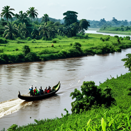 Home 12 **Congo River Scene:** "A wide, majestic view of the Congo River flowing through a lush, green landscape, fully clothed people in traditional attire fishing from small boats, appropriate content, safe for work, professional photography, perfect anatomy, natural proportions, family-friendly."