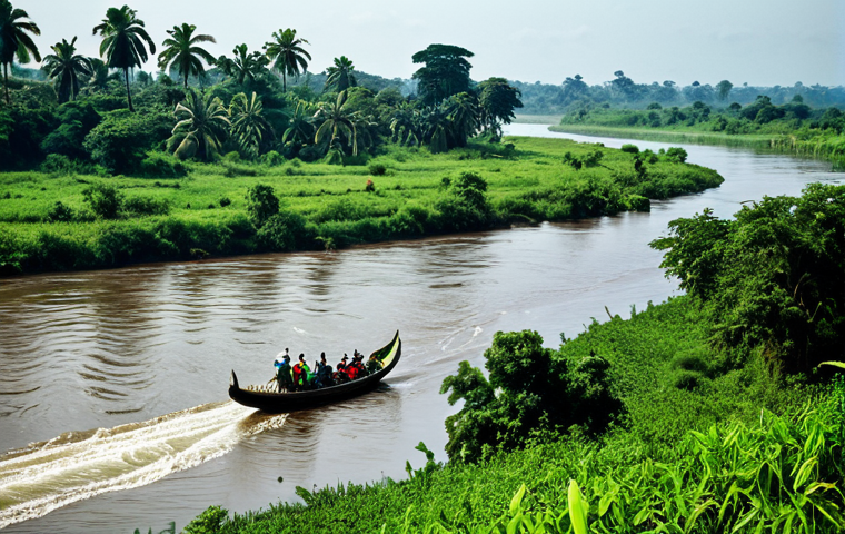 **Congo River Scene:** "A wide, majestic view of the Congo River flowing through a lush, green landscape, fully clothed people in traditional attire fishing from small boats, appropriate content, safe for work, professional photography, perfect anatomy, natural proportions, family-friendly."