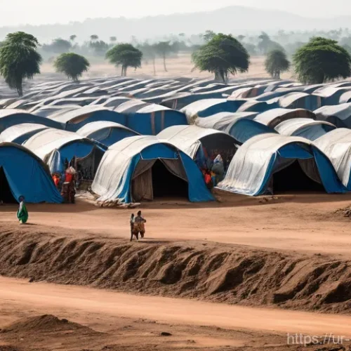 콩고 공화국에서 발생한 주요 사건 사고 - **A wide shot of an internally displaced persons (IDP) camp in Congo.** Numerous makeshift tents mad...