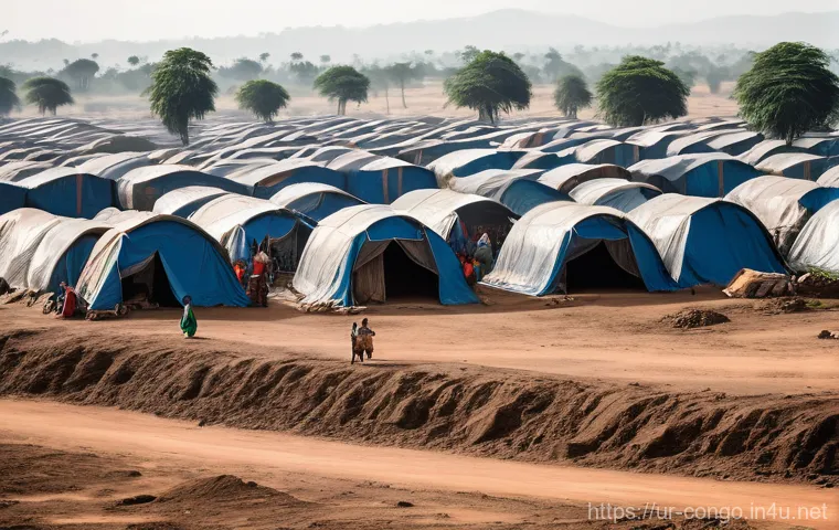 콩고 공화국에서 발생한 주요 사건 사고 - **A wide shot of an internally displaced persons (IDP) camp in Congo.** Numerous makeshift tents mad...