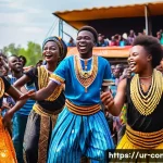 콩고 공화국에서 인기 있는 가수 및 음악 장르 - A vibrant scene of young Congolese musicians performing on a colorful outdoor stage during a lively ...