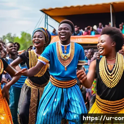 콩고 공화국에서 인기 있는 가수 및 음악 장르 - A vibrant scene of young Congolese musicians performing on a colorful outdoor stage during a lively ...