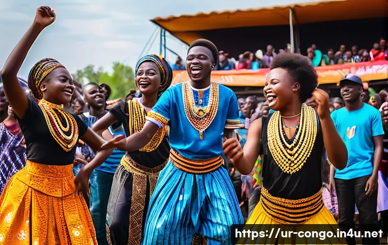 콩고 공화국에서 인기 있는 가수 및 음악 장르 - A vibrant scene of young Congolese musicians performing on a colorful outdoor stage during a lively ...