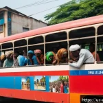 콩고 공화국 대중교통 이용 방법 - A bustling public bus in Kinshasa, Congo, filled with diverse passengers wearing modest clothing and...