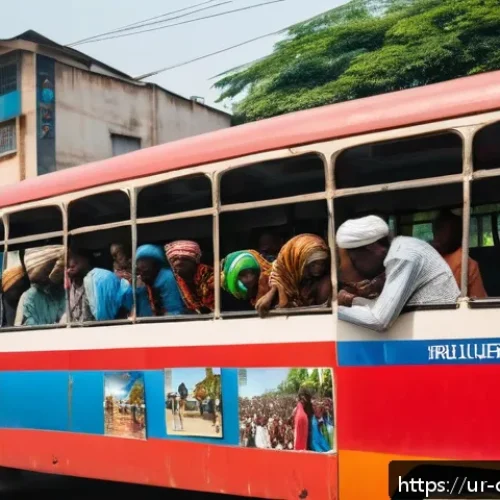 콩고 공화국 대중교통 이용 방법 - A bustling public bus in Kinshasa, Congo, filled with diverse passengers wearing modest clothing and...