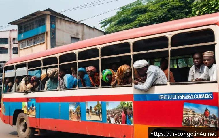 콩고 공화국 대중교통 이용 방법 - A bustling public bus in Kinshasa, Congo, filled with diverse passengers wearing modest clothing and...