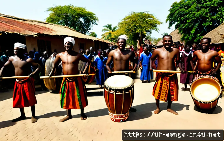 콩고 공화국의 음악과 전통 춤 - Photorealistic cultural performance in the Republic of the Congo, skilled adult drummers in vibrant ...